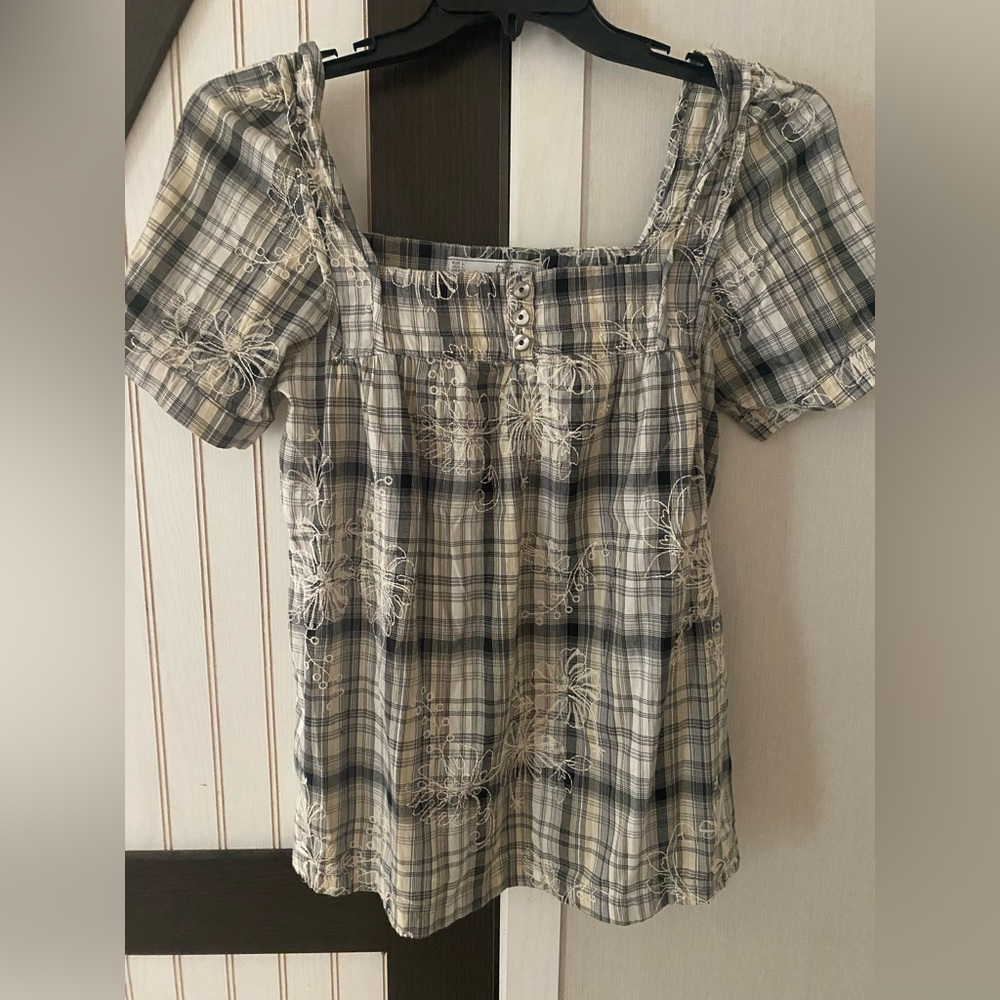 Cute TRF Zara Square Neck Embroidered Plaid Blouse Size Large